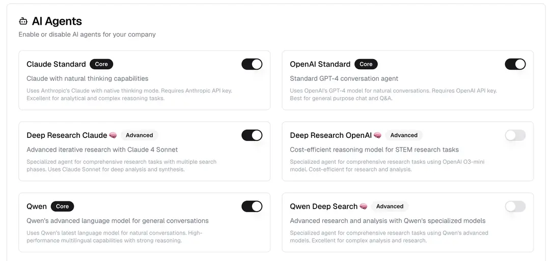 AI Agents settings with toggles for models